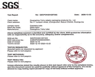 sgs cdrtification of cosmeitc tubes